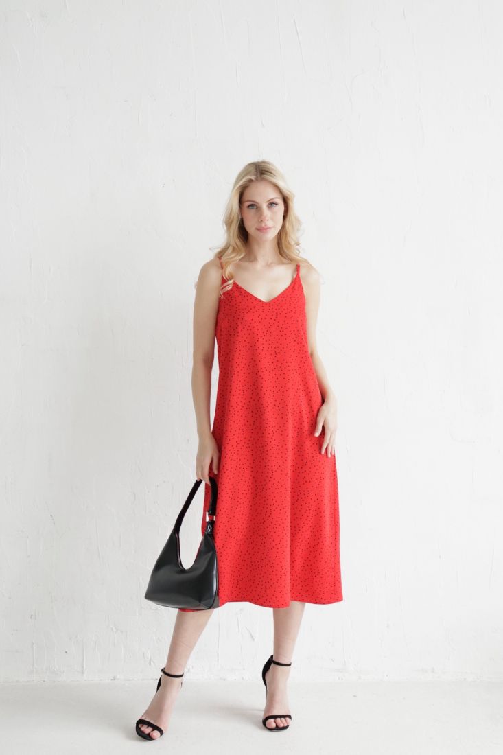 9564 Платье-комбинация красное в горошек