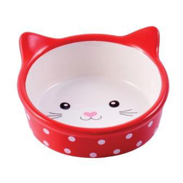 Миска для кошек Mr.Kranch Мордочка кошки красная в горошек керамическая 250 мл