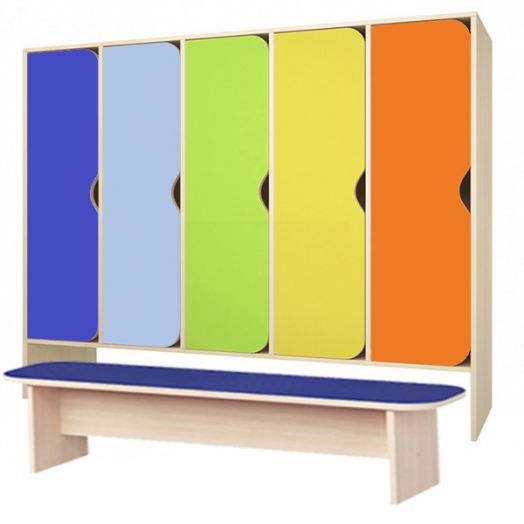 РСН-032 Шкаф детский для одежды с банкеткой 5 секций (Цветные фасады)