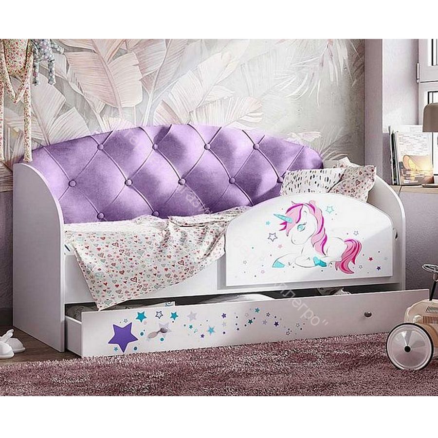 Кровать Звездочка, белый/рисунок единорог/фиолетовый с пуговицами