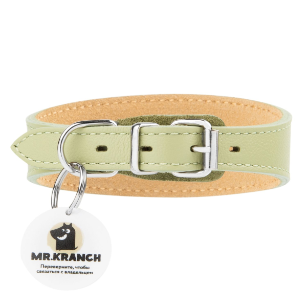 Ошейник для собак Mr.Kranch из натуральной кожи с QR-адресником нежно-зеленый 29-35 см