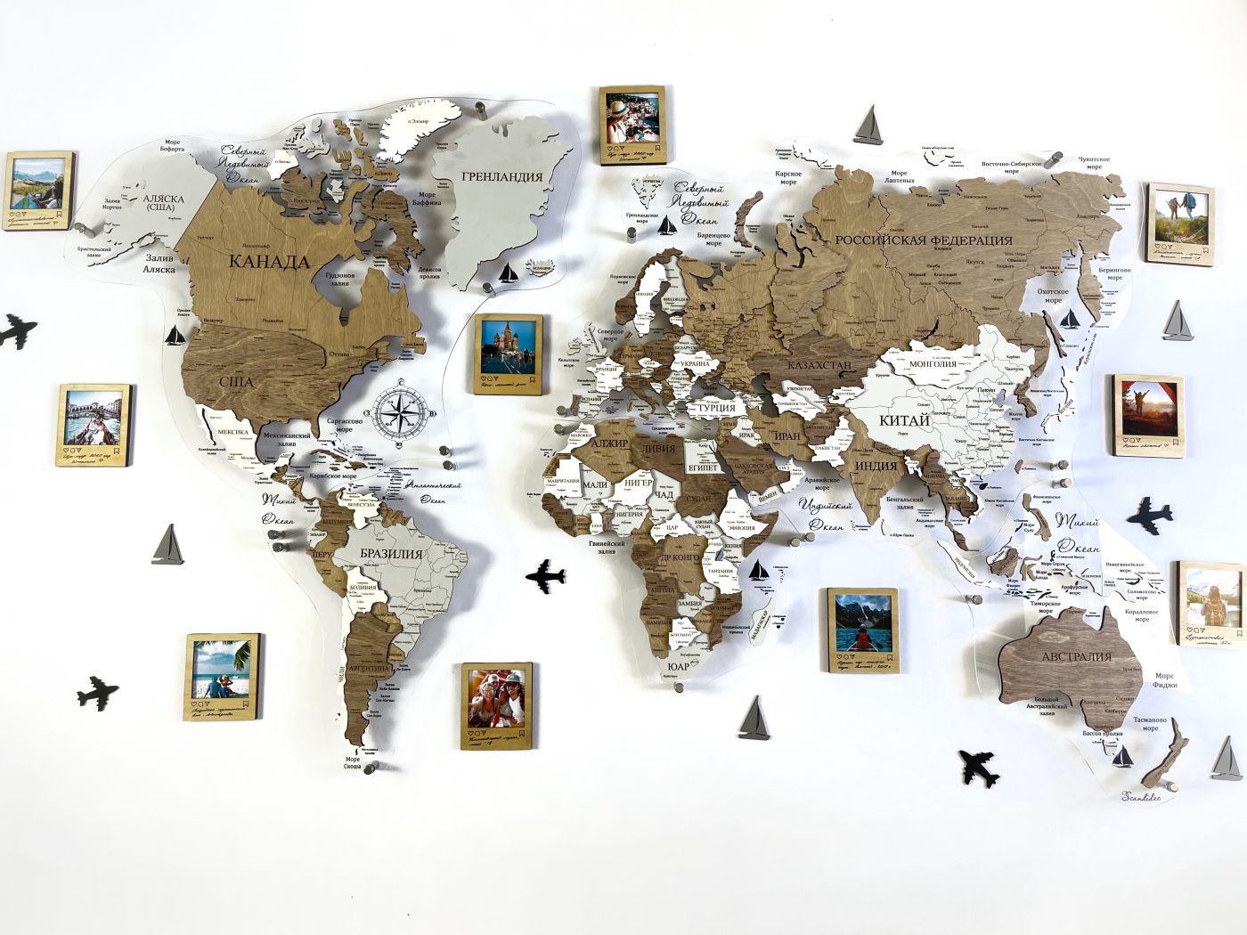 Цвет "Минск", 150х93 см, Многоуровневая карта мира из дерева, на подложке из орг.стекла, на русском языке, с полной гравировкой, с черной гравировкой на орг.стекле