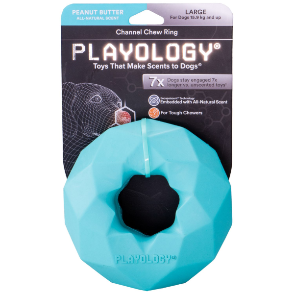 Игрушка для собак средних и крупных пород Playology CHANNEL CHEW RING голубое жевательное кольцо-многогранник с ароматом арахиса
