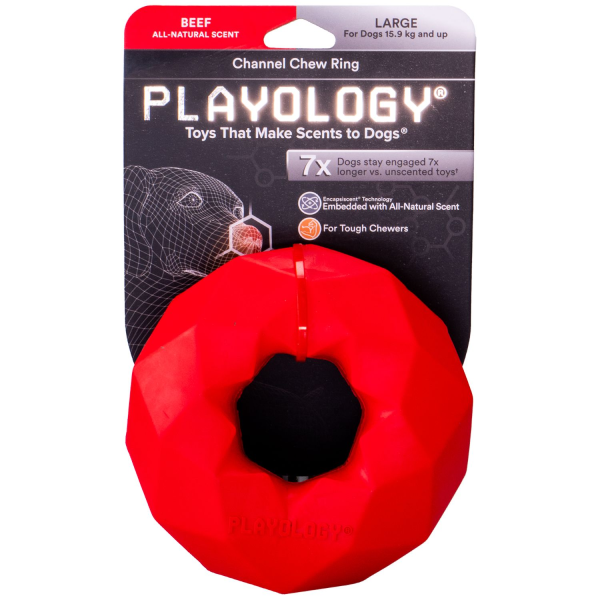 Игрушка для собак средних и крупных пород Playology CHANNEL CHEW RING красное жевательное кольцо-многогранник с ароматом говядины