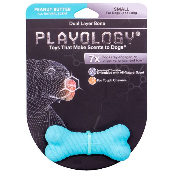 Игрушка для собак мелких пород Playology DUAL LAYER BONE голубая двухслойная жевательная косточка с ароматом арахиса