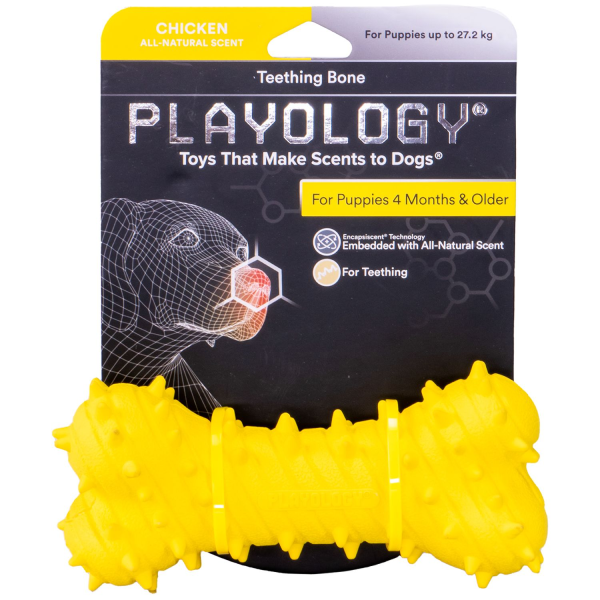 Игрушка для щенков Playology PUPPY TEETHING BONE желтая жевательная косточка с ароматом курицы