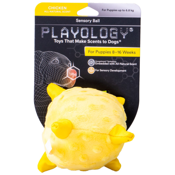 Игрушка для щенков средних и крупных пород Playology PUPPY SENSORY BALL 15 см желтый плюшевый мяч с ароматом курицы