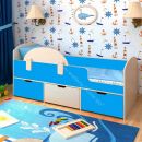 Кровать Малыш Мини 0,7*1,6 м с бортиком и 3-мя выкатными ящиками, Дуб молочный / Голубой