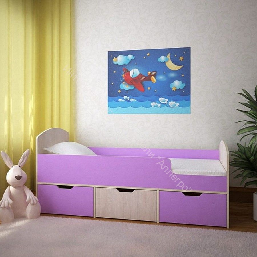 Кровать Малыш Мини 0,7*1,6 м с бортиком и 3-мя выкатными ящиками, Дуб молочный / Ирис