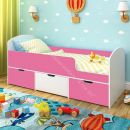 Кровать Малыш Мини 0,7*1,6 м с бортиком и 3-мя выкатными ящиками, Белое дерево / Розовый