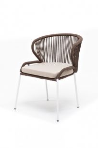 Плетеный стул "Милан" из роупа, каркас алюминиевый белый, роуп коричневый, ткань бежевая