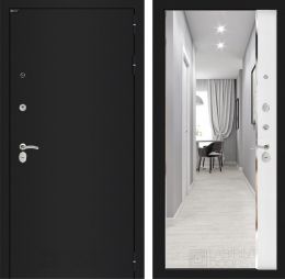 Дверь Входная Лабиринт CLASSIC шагрень черная с зеркалом Панорама Белый софт, металлическая