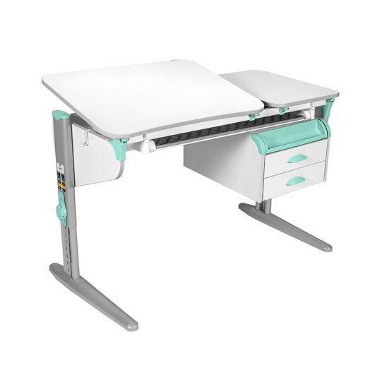 ДСУТ45-1-1 Растущий стол с лотком и тумбой одноместный (ЛДСП белый, опора серый)