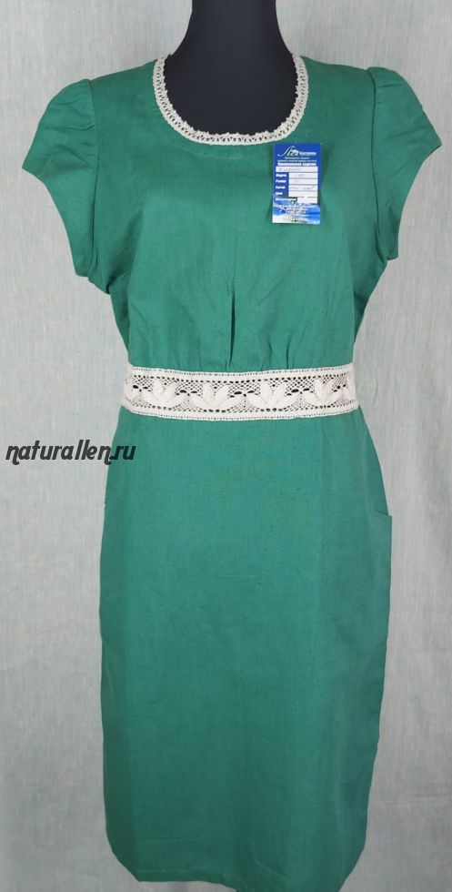Платье льняное с  натуральным кружевом (малахит)