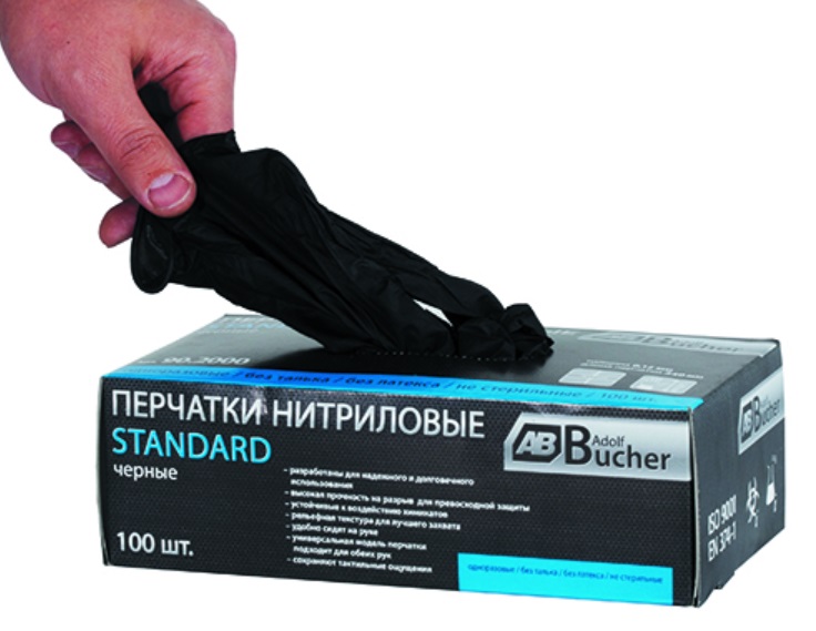 ADOLF BUCHER Перчатки нитриловые, черные СТАНДАРТ, без талька, размер L, уп.100шт