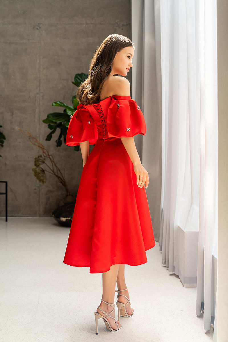 Красное вечернее платье с объемными рукавами Арт.774