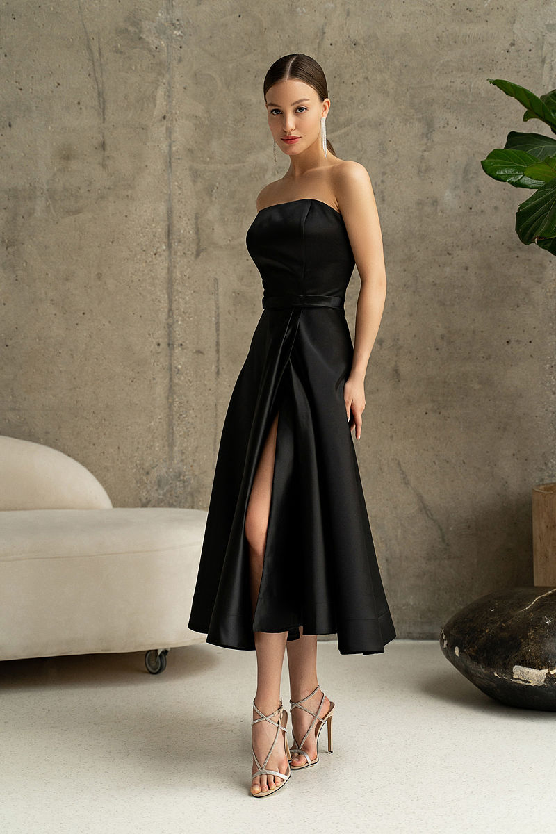 Атласное черное вечернее платье без бретелек Арт.778