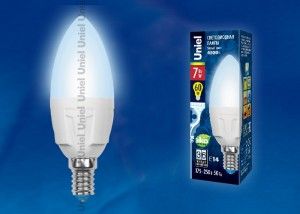 Светодиодная лампа Uniel свеча C37 E14 7W(600lm 240°) 4000K 4K матовая 37x109 термопл. ЯРКАЯ LED-C37 7W/NW/E14/FR РФ