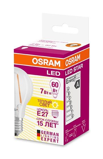 Светодиодная лампа OSRAM ЛОН A60 E27 7W(806lm) 2700K 2K 105x60 филамент прозр. (аналог 60Вт) 4058075055315