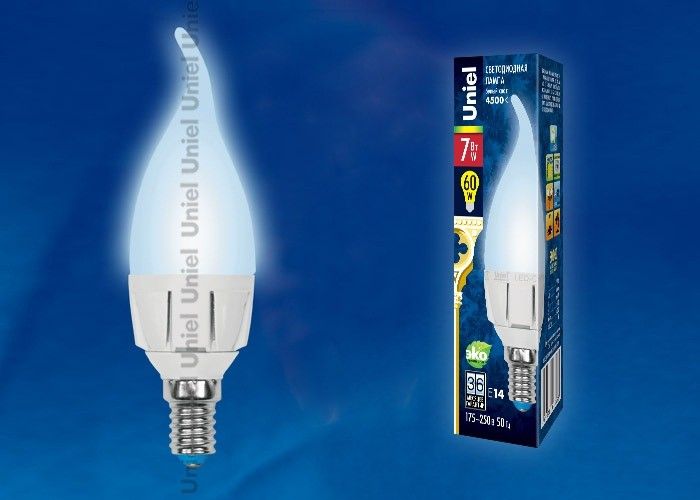 Светодиодная лампа Uniel ЯРКАЯ свеча на ветру C37 E14 7W(600lm 240°) 4000K мат 37x109 термопл. LED-CW37 7W/NW/E14/FR