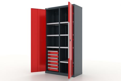 Шкаф металлический для инструмента двухсекционный, темно-серый - красный FERRUM 13.2661-7016/3000