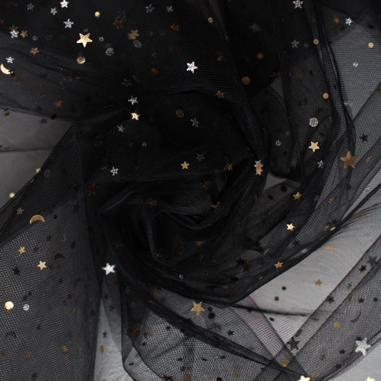 Мягкий фатин (еврофатин) с лунами и звездами - Черный 160х25
