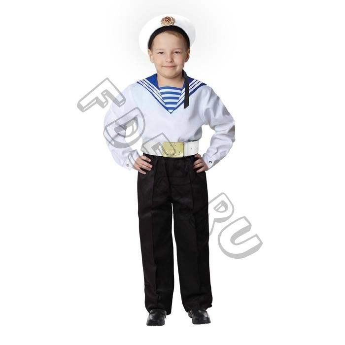 Карнавальный костюм «Моряк в бескозырке» для мальчика, белая фланка, брюки, ремень, р. 36, рост 140 см