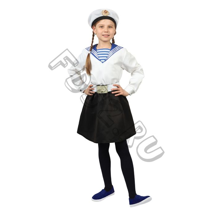 Карнавальный костюм «Морячка в бескозырке» для девочки, белая фланка, юбка, ремень, р. 32, рост 110-116 см