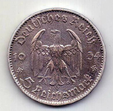 5 марок 1934 Германия D Мюнхен XF Кирха