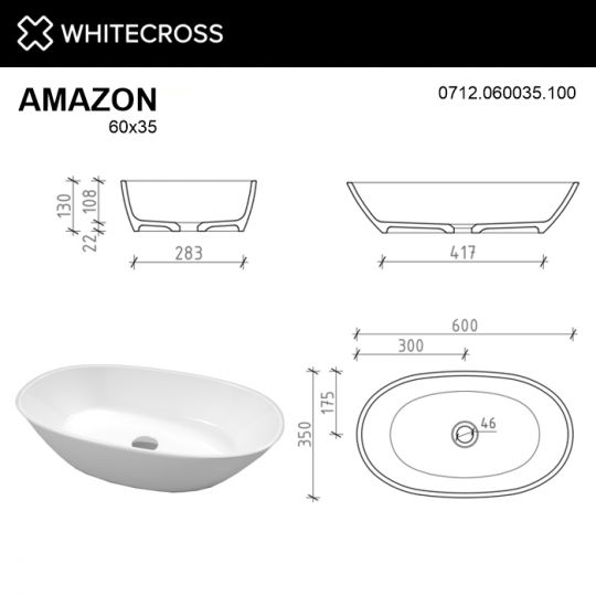 Белая глянцевая раковина WHITECROSS Amazon 60x35 схема 6