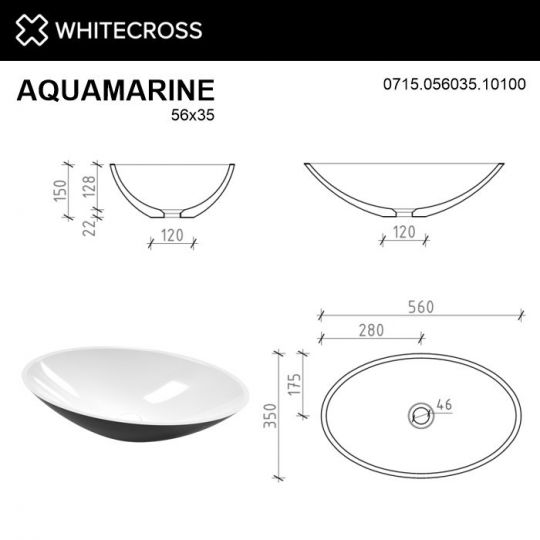 Раковина WHITECROSS Aquamarine 56x35 (черный/белый глянец) схема 4