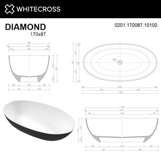 Отельностоящая ванна WHITECROSS Diamond 170x87 0201.170087 в 6 цветах схема 21