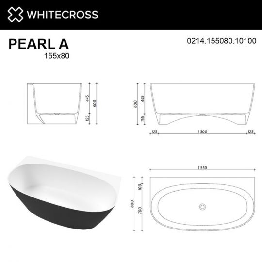 Ванна из искусственного камня WHITECROSS Pearl A 155x80 0214.155080 со сливом по центру схема 22