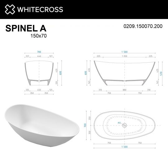 Отдельностоящая ванна WHITECROSS Spinel A 150x70 0209.150070 со сливом по центру схема 17