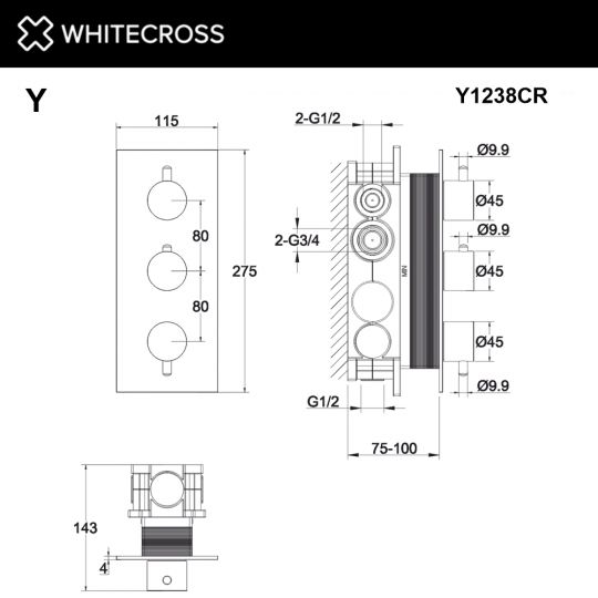 Смеситель термостатический для душа скрытого монтажа WHITECROSS Y Y1238CR хром схема 3