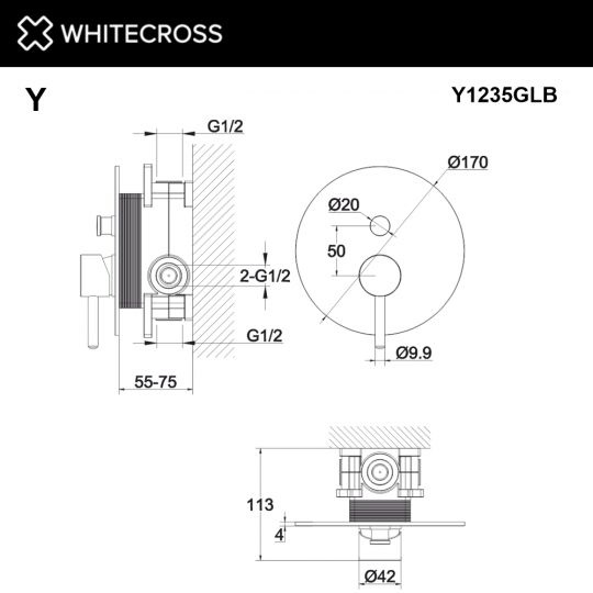 Встраиваемый смеситель для душа WHITECROSS Y Y1235GLB золото схема 3