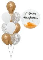 Набор шаров баблс с перьями микс и надписью С днем рождения шары с конфетти золото-серебро хром золото и белыми