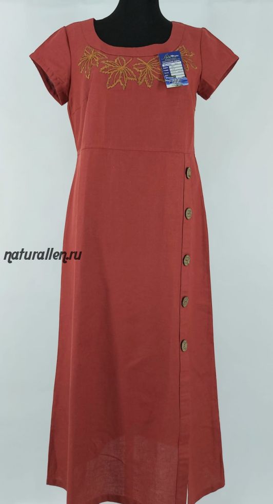 Платье льняное Аппликация (кленовый лист-цвет кирпичный)