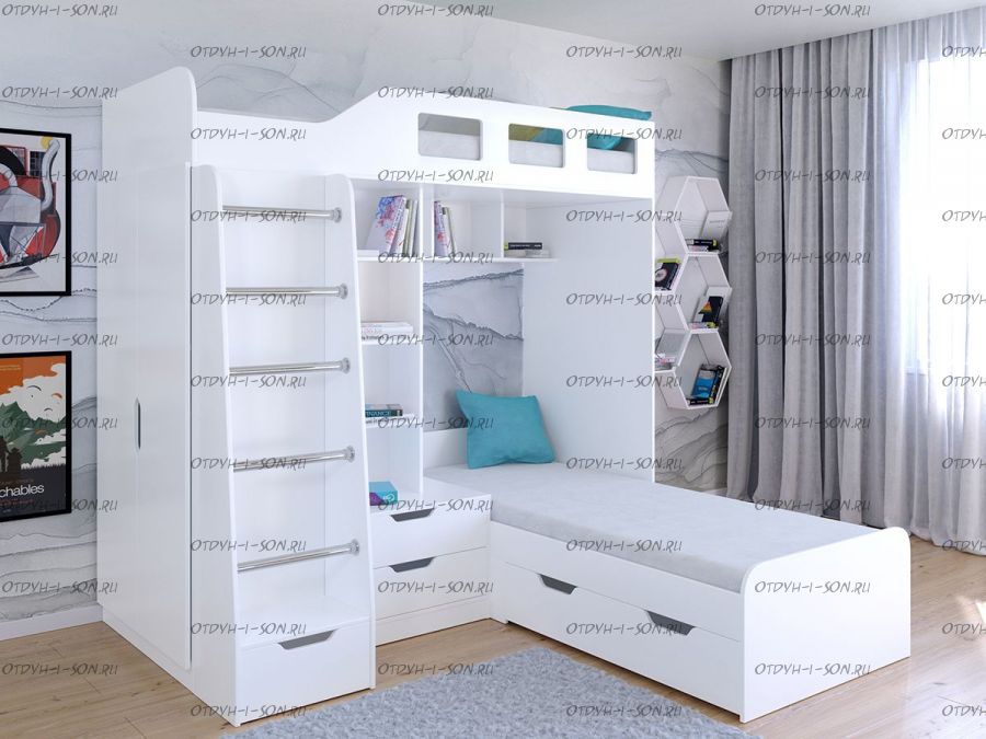 Кровать двухъярусная Астра-4, белая или белая с цветным фасадом
