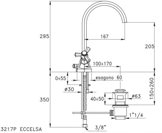 Смеситель Stella Eccelsa для раковины на 1 отверстие 3217P с донным клапаном и высоким изливом схема 4