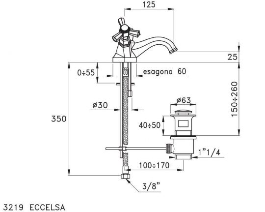 Смеситель Stella Eccelsa для раковины на 1 отверстие 3219 с донным клапаном схема 4