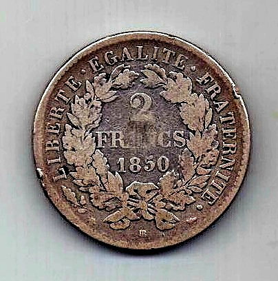 2 франка 1850 Франция Редкий год