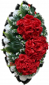 Фото Ритуальный венок из искусственных цветов - Классика #39 красно-белый: Роза, гвоздика, пальма.