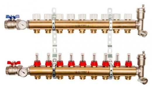Stout 1"x3/4" на 9 выходов коллектор с расходомерами в сборе из латуни (SMB-0473-000009)