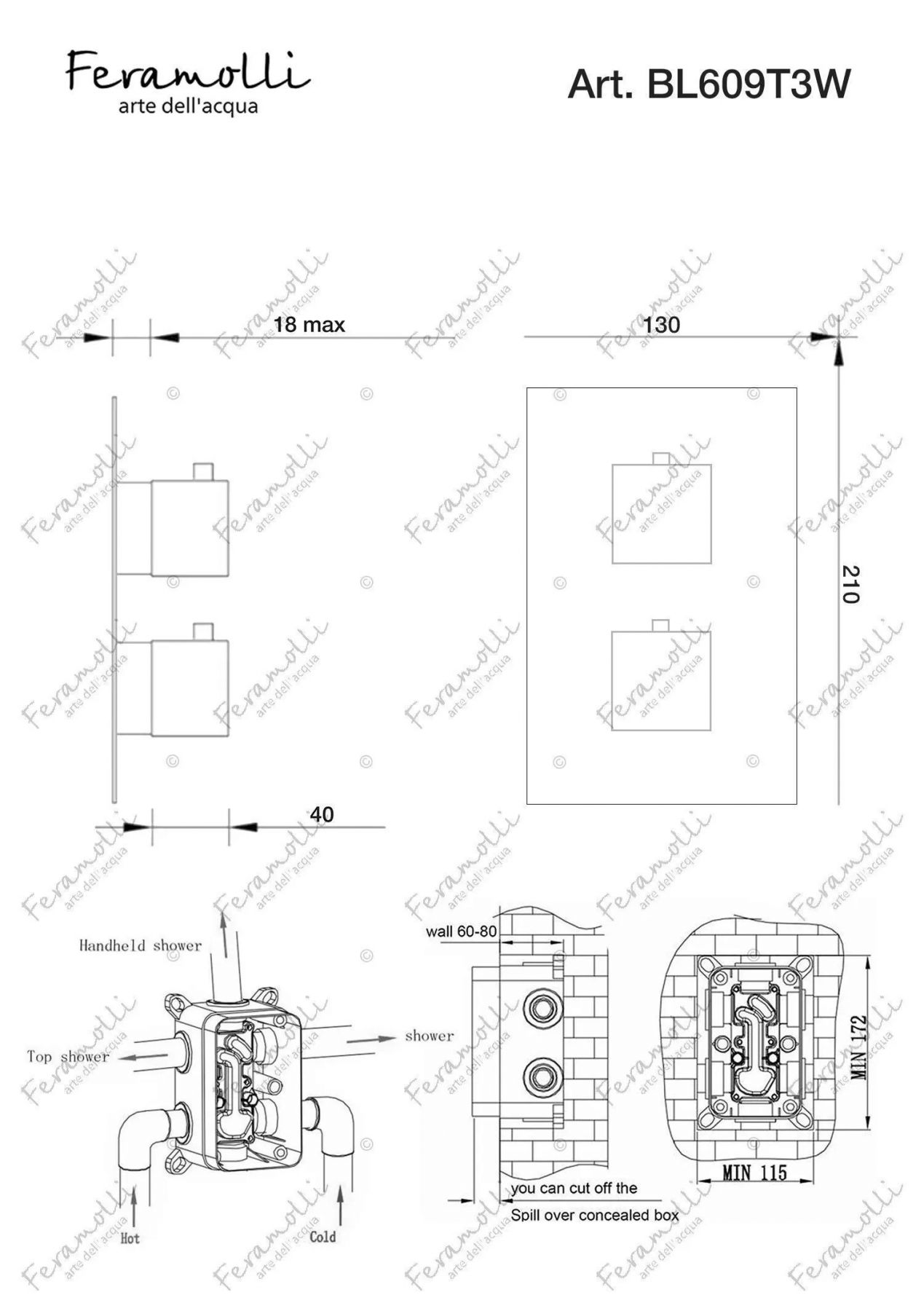 Термостатический смеситель скрытого монтажа на 3 потока Feramolli BL609T3W, черный схема 2