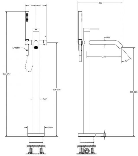 Смеситель для ванны и душа Gessi 316 54028726 бронза теплая браш PVD схема 2