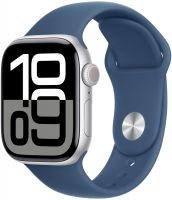 Apple Watch Series 10, 46 мм, корпус из алюминия цвета серебристый, спортивный ремешок цвета «синий деним» ML