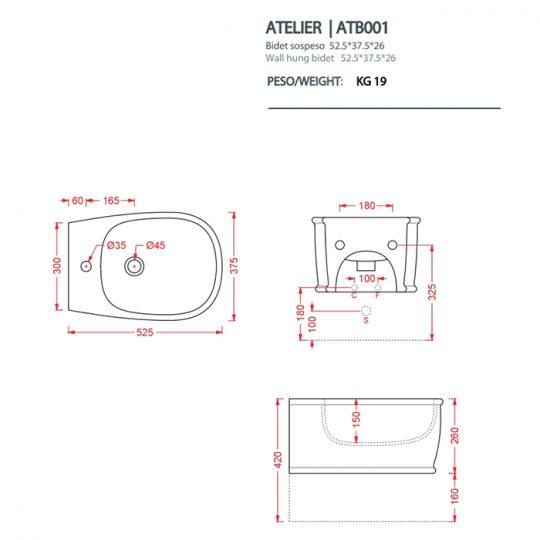 Биде подвесное Artceram Atelier 370х520 мм ATB001 схема 2